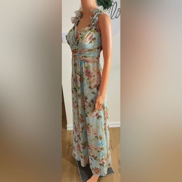 BETSY & ADAM Floral Print Ruffle Lace Back Gown Sz. 4 - Picture 9 of 11